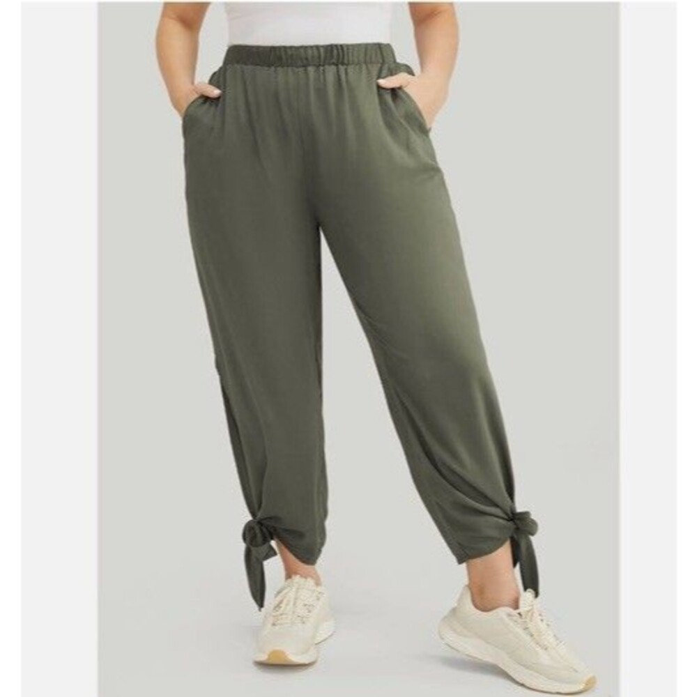 BLOOMCHIC Pants plus 2X 18 20 Green knotted split hem solid‎ pockets pull on